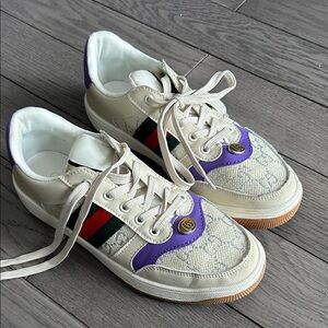 Gucci Cream Canvas Sneakers with Purple and Green-Red Web
